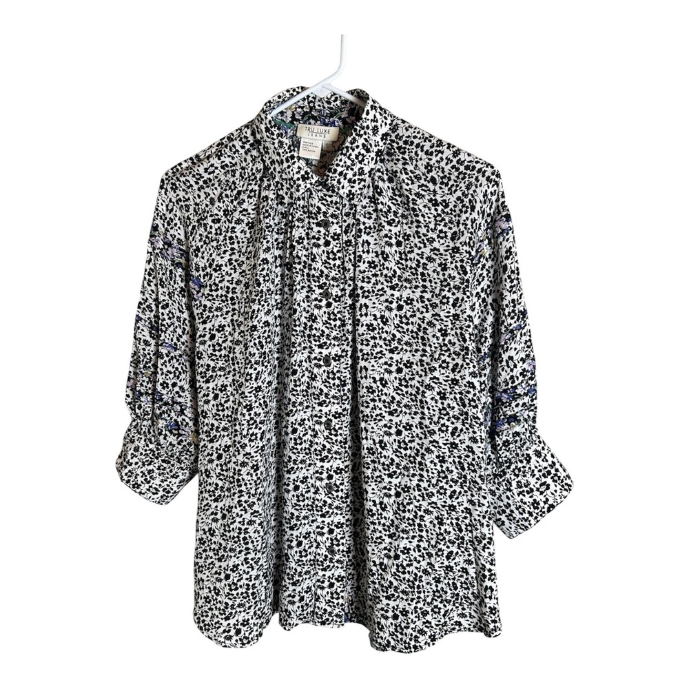 Tru Luxe Jeans Blouse Women S Black White Floral Embroidered Rayon NWT